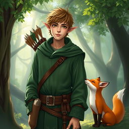 A male half-elf adventurer, dressed in forest green clothing reminiscent of Harry Potter style robes, with intricate patterns