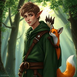 A male half-elf adventurer, dressed in forest green clothing reminiscent of Harry Potter style robes, with intricate patterns