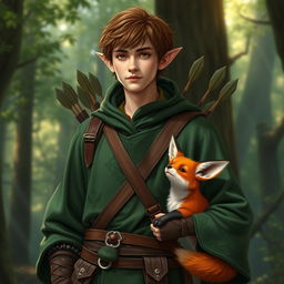 A male half-elf adventurer, dressed in forest green clothing reminiscent of Harry Potter style robes, with intricate patterns