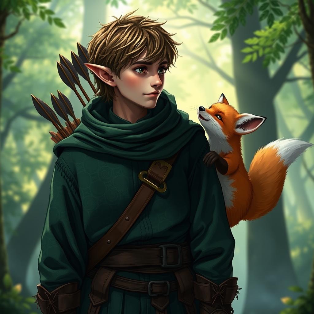 A male half-elf adventurer, dressed in forest green clothing reminiscent of Harry Potter style robes, with intricate patterns