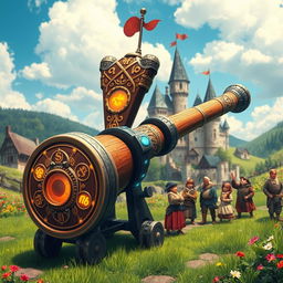 A fantastical medieval bazooka, intricately designed with ornate carvings and medieval motifs