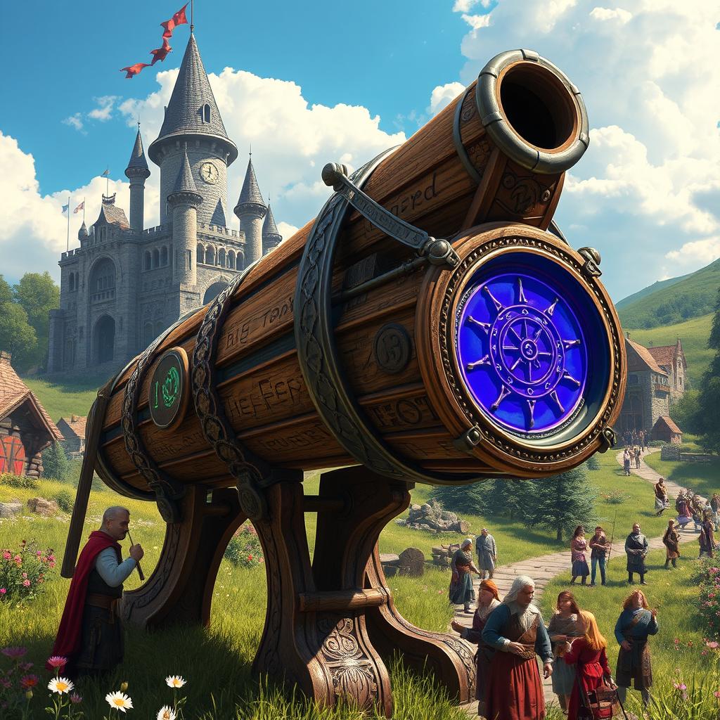 A fantastical medieval bazooka, intricately designed with ornate carvings and medieval motifs