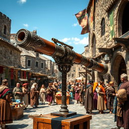 A fantastical medieval bazooka, intricately designed with ornate engravings and embellishments, made of polished wood and metal