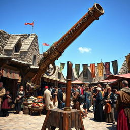 A fantastical medieval bazooka, intricately designed with ornate engravings and embellishments, made of polished wood and metal