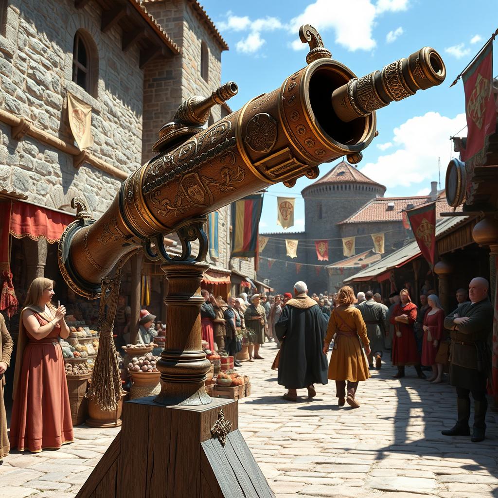 A fantastical medieval bazooka, intricately designed with ornate engravings and embellishments, made of polished wood and metal