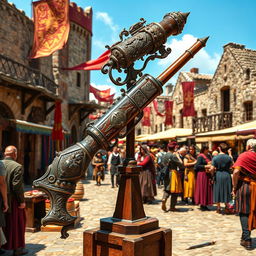 A fantastical medieval bazooka, intricately designed with ornate engravings and embellishments, made of polished wood and metal