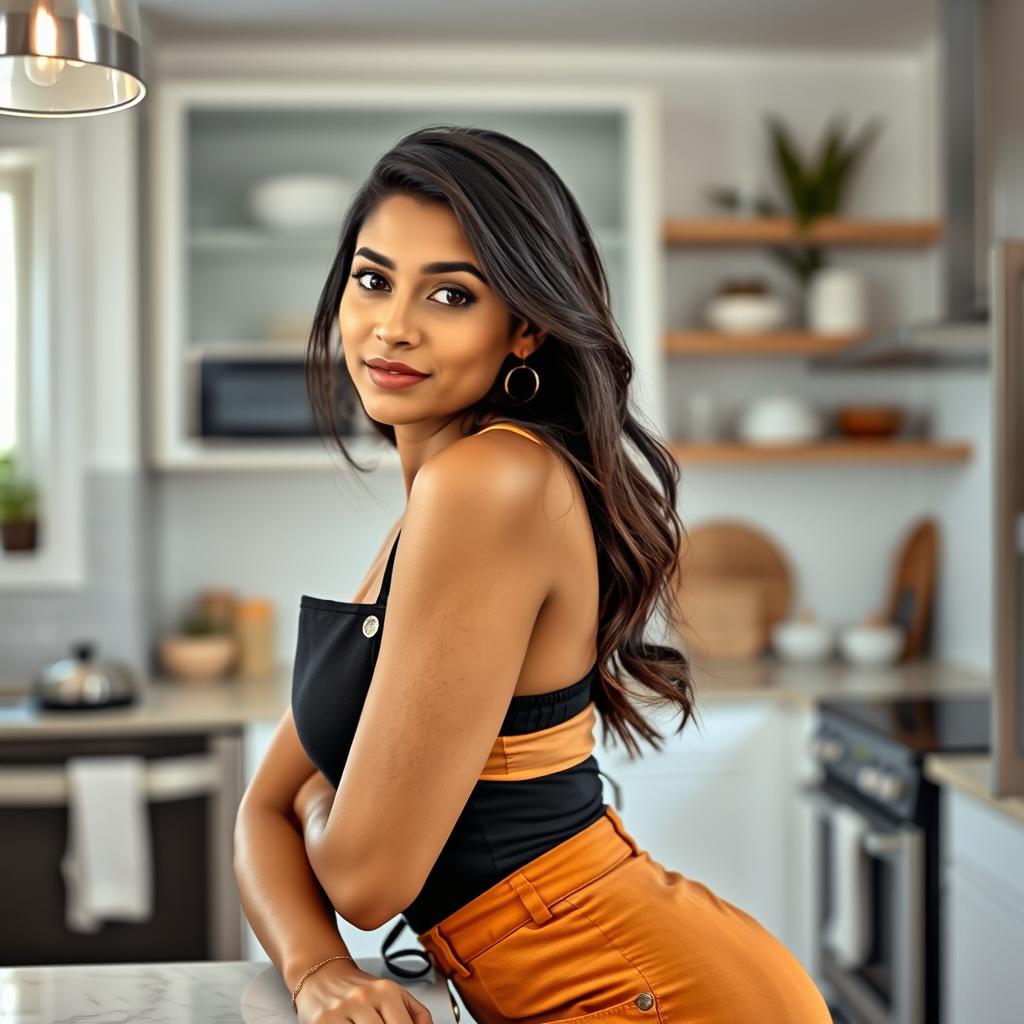 A 32-year-old Indian woman with a perfect figure and curves, dressed in stylish and modern kitchen attire, leaning casually on a countertop