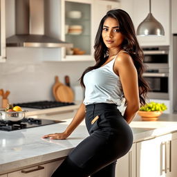 A 32-year-old Indian woman with a perfect figure and curves, dressed in stylish and modern kitchen attire, leaning casually on a countertop