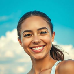 A close-up portrait of a young adult woman with flawless, clear skin, exuding confidence and beauty