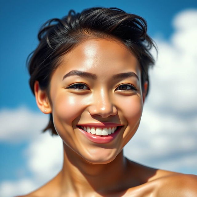 A close-up portrait of a young adult woman with flawless, clear skin, exuding confidence and beauty