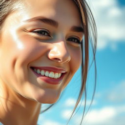 A close-up portrait of a young adult woman with flawless, clear skin, exuding confidence and beauty