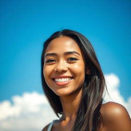 A close-up portrait of a young adult woman with flawless, clear skin, exuding confidence and beauty