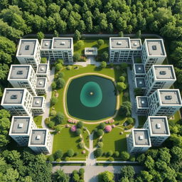 A rectangular compound featuring 20 modern buildings, each with 5 floors