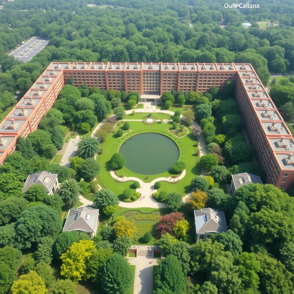 A rectangular compound featuring 20 buildings, each with 5 floors, arranged in a meticulous layout with 8 buildings on the right side, 8 buildings on the left side, 2 buildings at the front, and 2 buildings at the back