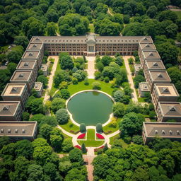 A rectangular compound featuring 20 buildings, each with 5 floors, arranged in a meticulous layout with 8 buildings on the right side, 8 buildings on the left side, 2 buildings at the front, and 2 buildings at the back