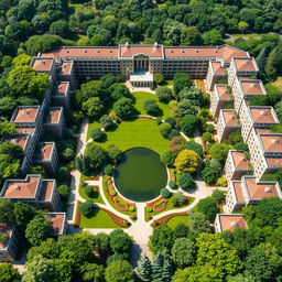 A rectangular compound featuring 20 buildings, each with 5 floors, arranged in a meticulous layout with 8 buildings on the right side, 8 buildings on the left side, 2 buildings at the front, and 2 buildings at the back