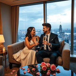 A romantic scene of a couple enjoying a luxurious moment together in a 5-star hotel suite