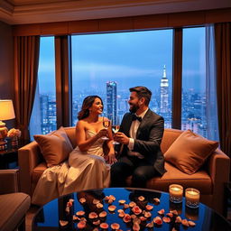 A romantic scene of a couple enjoying a luxurious moment together in a 5-star hotel suite