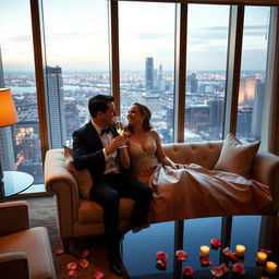 A romantic scene of a couple enjoying a luxurious moment together in a 5-star hotel suite