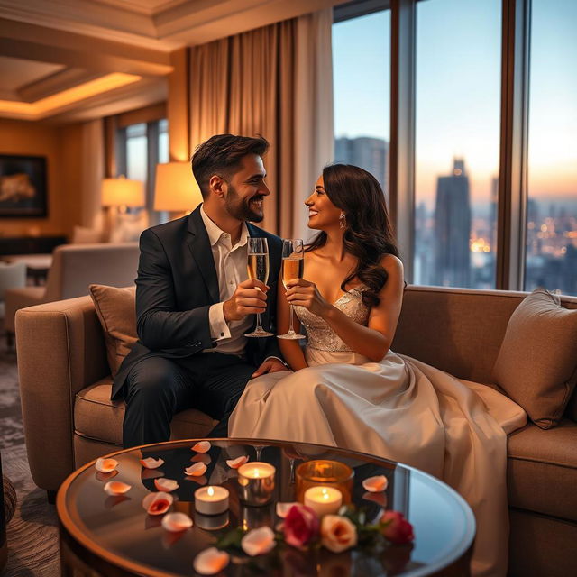 A romantic scene of a couple enjoying a luxurious moment together in a 5-star hotel suite