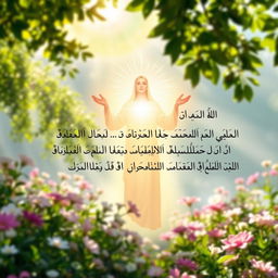 A serene and picturesque landscape representing spiritual devotion, featuring a radiant figure symbolizing love and reverence in an Islamic context