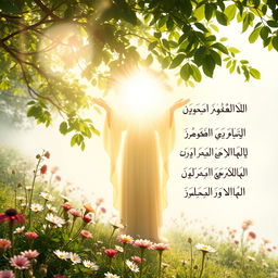 A serene and picturesque landscape representing spiritual devotion, featuring a radiant figure symbolizing love and reverence in an Islamic context
