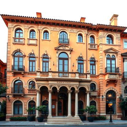 A stunning building designed in the Italian architectural style, showcasing elegant details such as arched windows, ornate balconies, and classical columns that reflect the timeless beauty and sophistication of Italian design