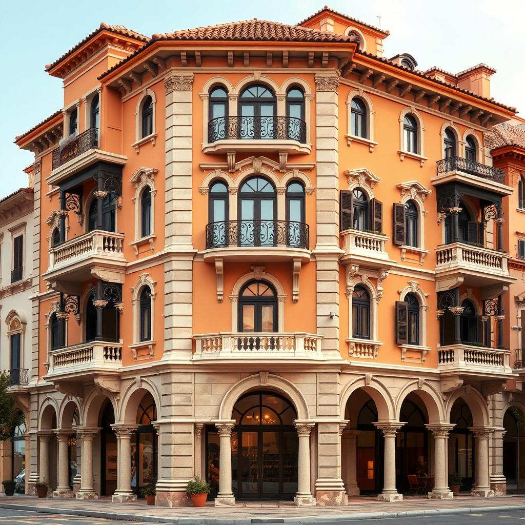 A stunning building designed in the Italian architectural style, showcasing elegant details such as arched windows, ornate balconies, and classical columns that reflect the timeless beauty and sophistication of Italian design