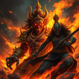 A powerful scene depicting Hiranyakashipu, the demon king from Hindu mythology, radiating an aura of dark energy and authority, surrounded by a fiery inferno symbolizing his anger and ambition