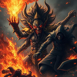 A powerful scene depicting Hiranyakashipu, the demon king from Hindu mythology, radiating an aura of dark energy and authority, surrounded by a fiery inferno symbolizing his anger and ambition