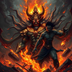 A powerful scene depicting Hiranyakashipu, the demon king from Hindu mythology, radiating an aura of dark energy and authority, surrounded by a fiery inferno symbolizing his anger and ambition