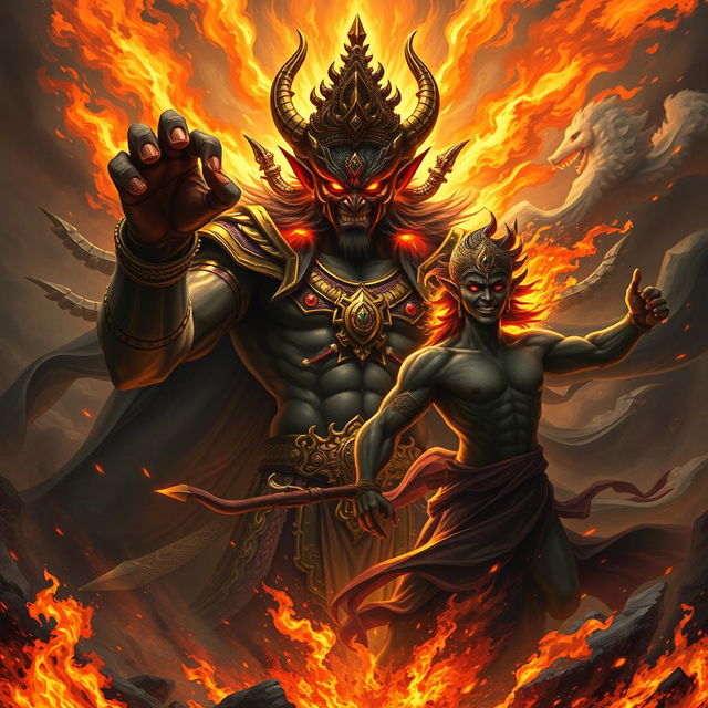 A powerful scene depicting Hiranyakashipu, the demon king from Hindu mythology, radiating an aura of dark energy and authority, surrounded by a fiery inferno symbolizing his anger and ambition