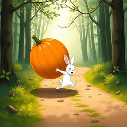 In a charming morning scene along a forest path, a small white rabbit is energetically pushing a large pumpkin that is tilted upwards and rolling forward
