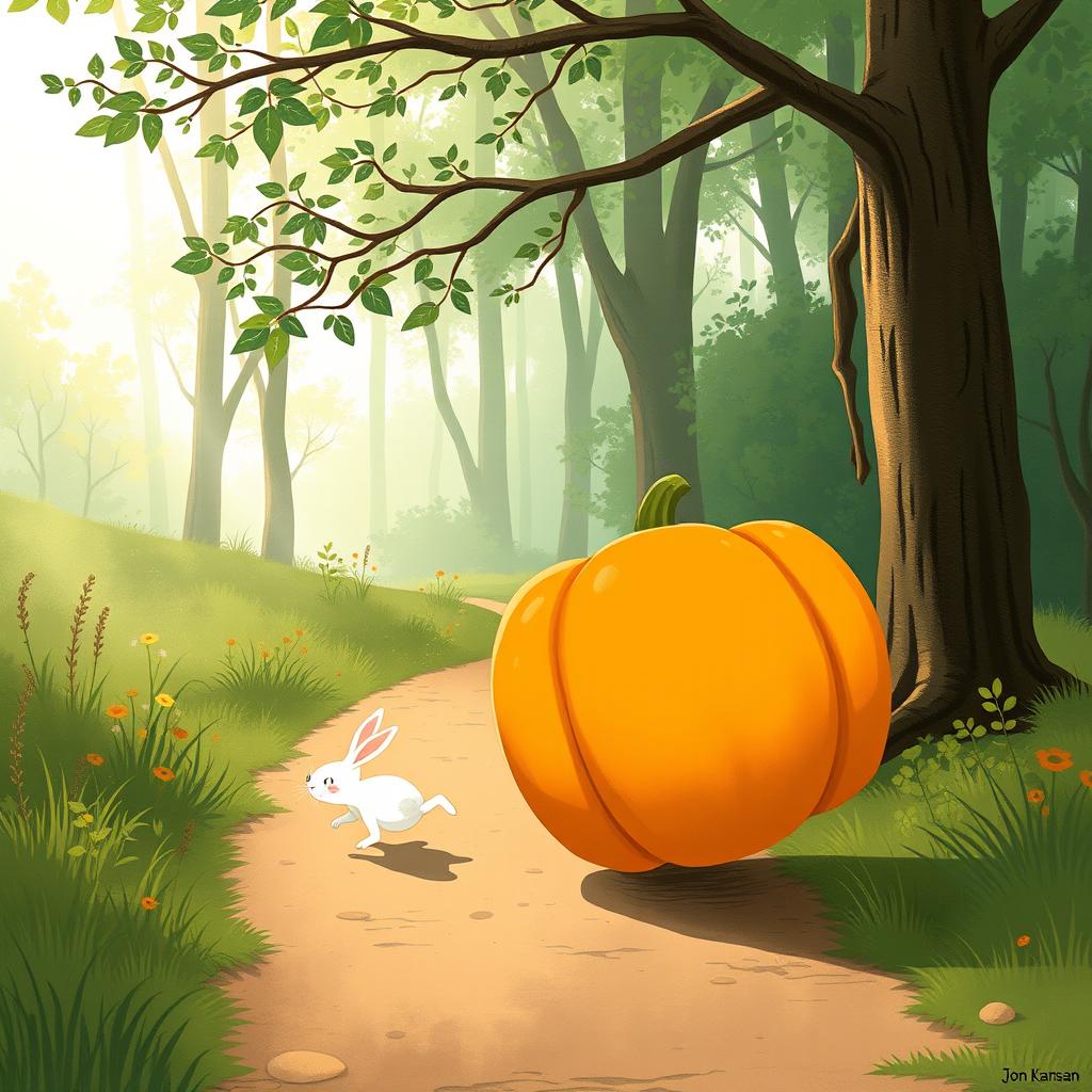 In a charming morning scene along a forest path, a small white rabbit is energetically pushing a large pumpkin that is tilted upwards and rolling forward