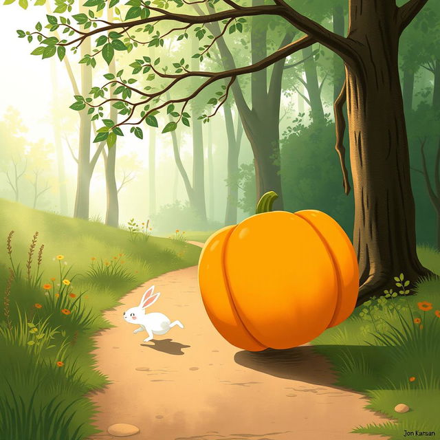 In a charming morning scene along a forest path, a small white rabbit is energetically pushing a large pumpkin that is tilted upwards and rolling forward