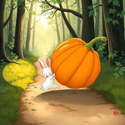 In a charming morning scene along a forest path, a small white rabbit is energetically pushing a large pumpkin that is tilted upwards and rolling forward