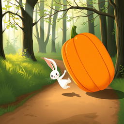In a charming morning scene along a forest path, a small white rabbit is energetically pushing a large pumpkin that is tilted upwards and rolling forward