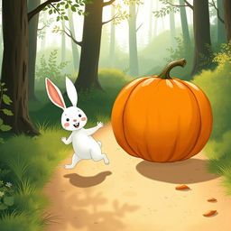 In a delightful morning scene along a forest path, a small white rabbit is enthusiastically pushing a large pumpkin as it rolls forward