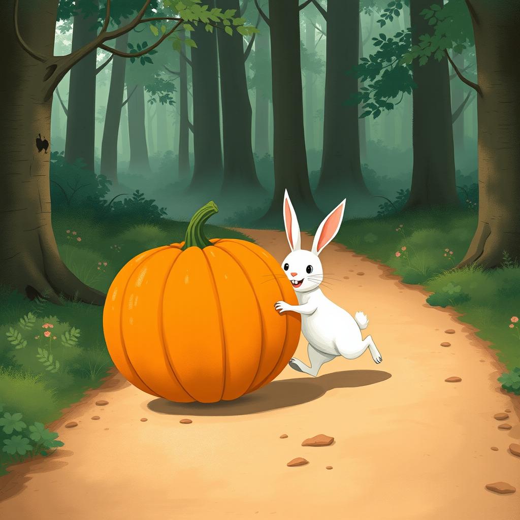 In a delightful morning scene along a forest path, a small white rabbit is enthusiastically pushing a large pumpkin as it rolls forward