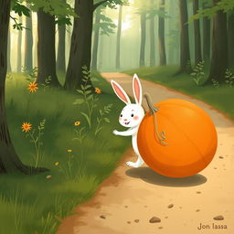 In a delightful morning scene along a forest path, a small white rabbit is enthusiastically pushing a large pumpkin as it rolls forward