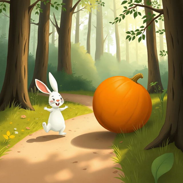 In a delightful morning scene along a forest path, a small white rabbit is enthusiastically pushing a large pumpkin as it rolls forward