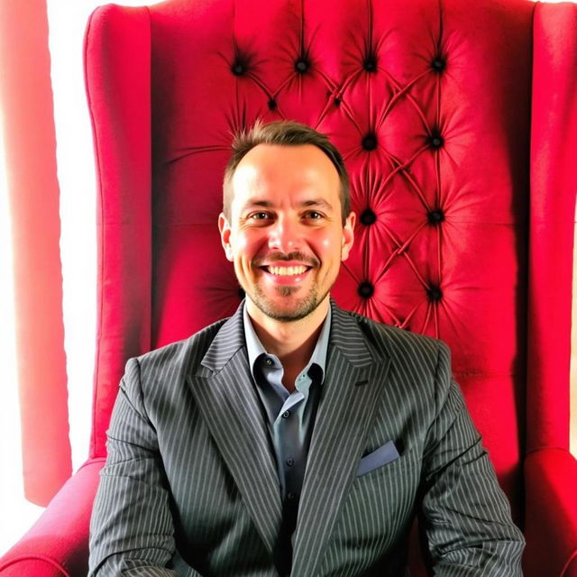 A polished man seated confidently in a luxurious red velvet chair with an elegant tufted design