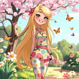 A playful and vibrant illustration of a fictional, adult character with long, flowing blonde hair, showcasing a lively atmosphere