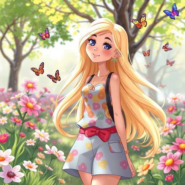 A playful and vibrant illustration of a fictional, adult character with long, flowing blonde hair, showcasing a lively atmosphere