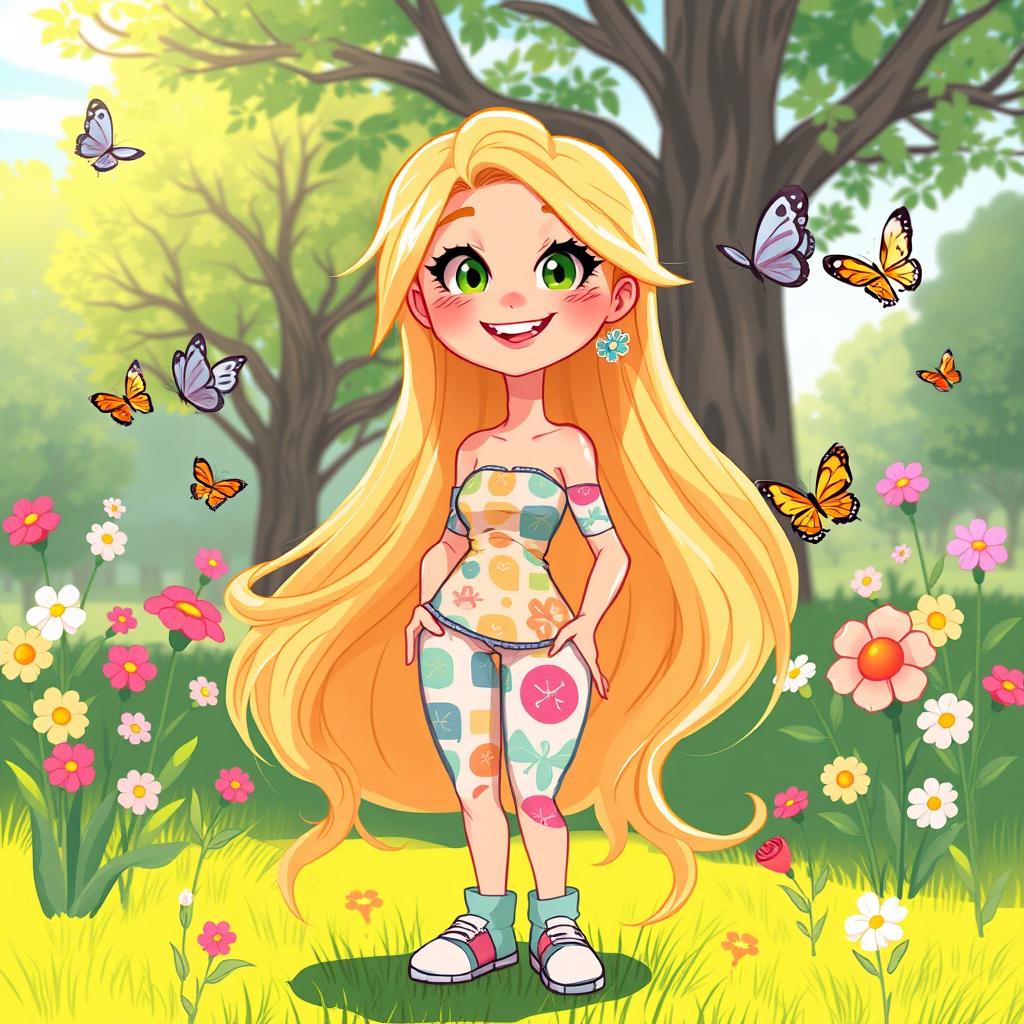 A playful and vibrant illustration of a fictional, adult character with long, flowing blonde hair, showcasing a lively atmosphere