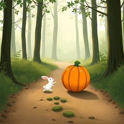In a delightful morning scene on a forest path, a small white rabbit is joyfully pushing a large pumpkin that is standing upright and rolling forward