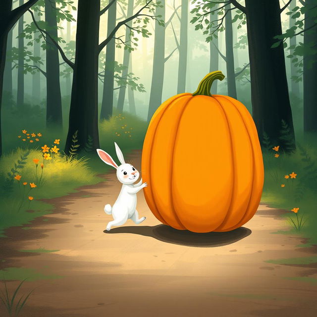 In a delightful morning scene on a forest path, a small white rabbit is joyfully pushing a large pumpkin that is standing upright and rolling forward