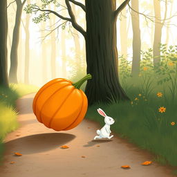 In a delightful morning scene on a forest path, a small white rabbit is joyfully pushing a large pumpkin that is standing upright and rolling forward