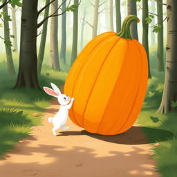 In a delightful morning scene on a forest path, a small white rabbit is joyfully pushing a large pumpkin that is standing upright and rolling forward