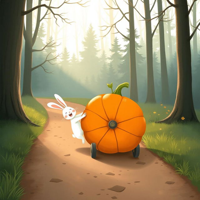 In a delightful morning scene along a forest path, a small white rabbit is cheerfully pushing a large pumpkin that rolls forward like a wheel